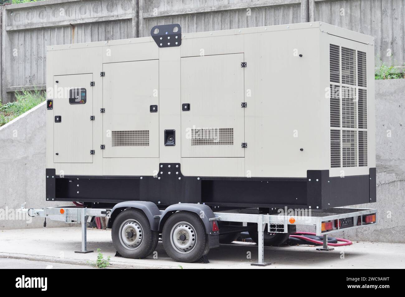 Industrial generator power. Mobile diesel backup generator on caravan