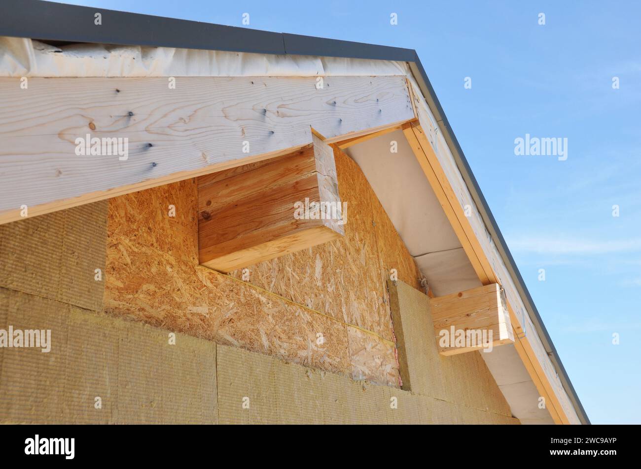 Insulating with Mineral Rock Wool Attic Roof Outdoors. Close up on exterior insulation layers of mineral wool insulation, house roof insulation Stock Photo