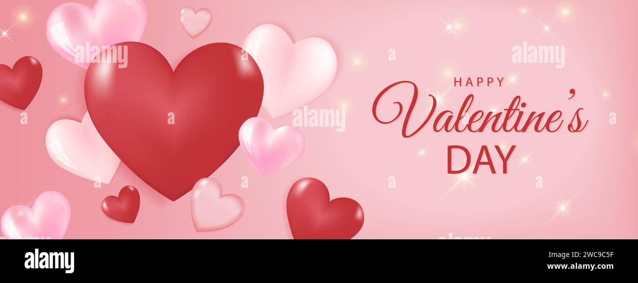 Happy Valentines Day banner with heart balloons, cloud on pink ...