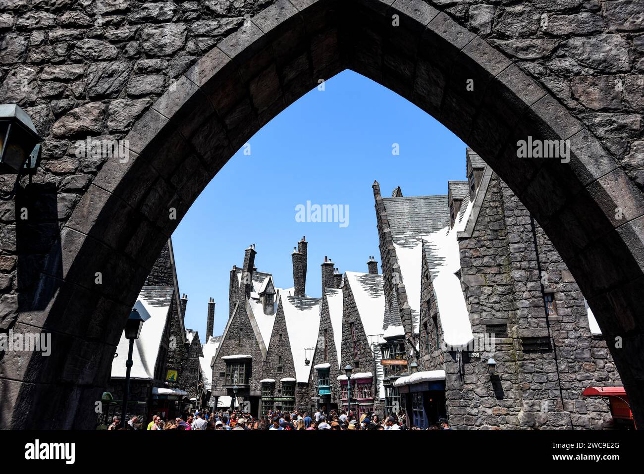Entrance to the Crowded Hogsmeade Village at the Wizarding World of