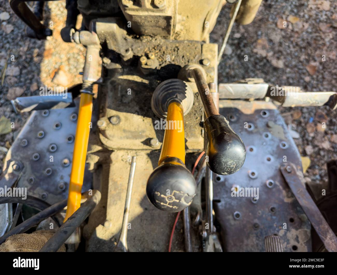 Tractor gear lever closeup with selective focus Stock Photo