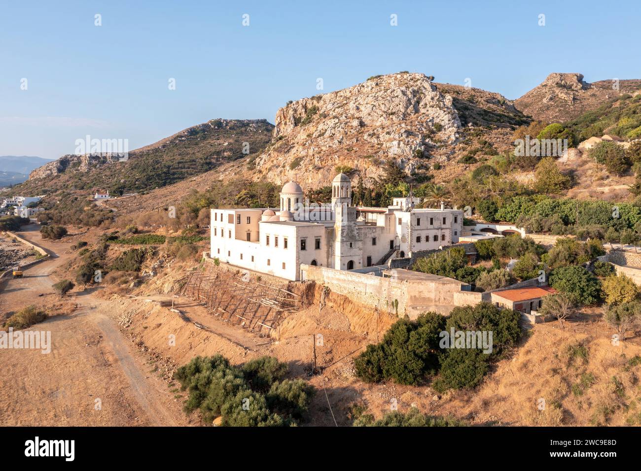 Monastery Gonia Odigitria, Chania town Crete island, Greece. Aerial drone view of byzantine architecture of Orthodox Church. Religious destination. Stock Photo