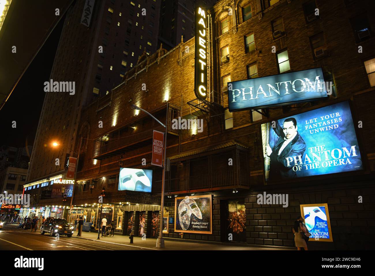 Signs for the Phantom of the Opera at the Majestic Theatre on Broadway in 2017 Manhattan, New
