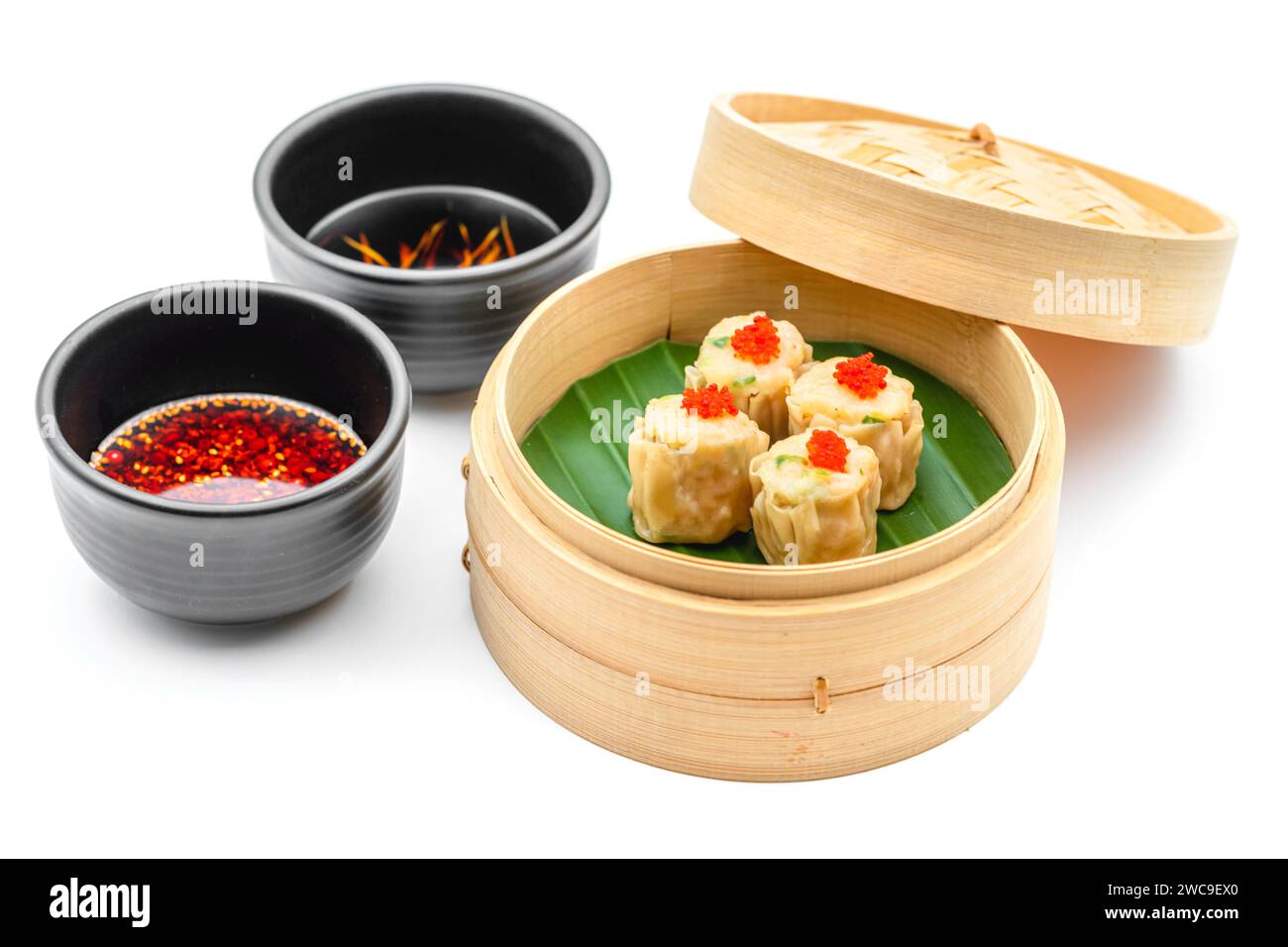 Shumai with shrimp and mushrooms, a traditional Chinese dumpling often served with dim sum Stock Photo
