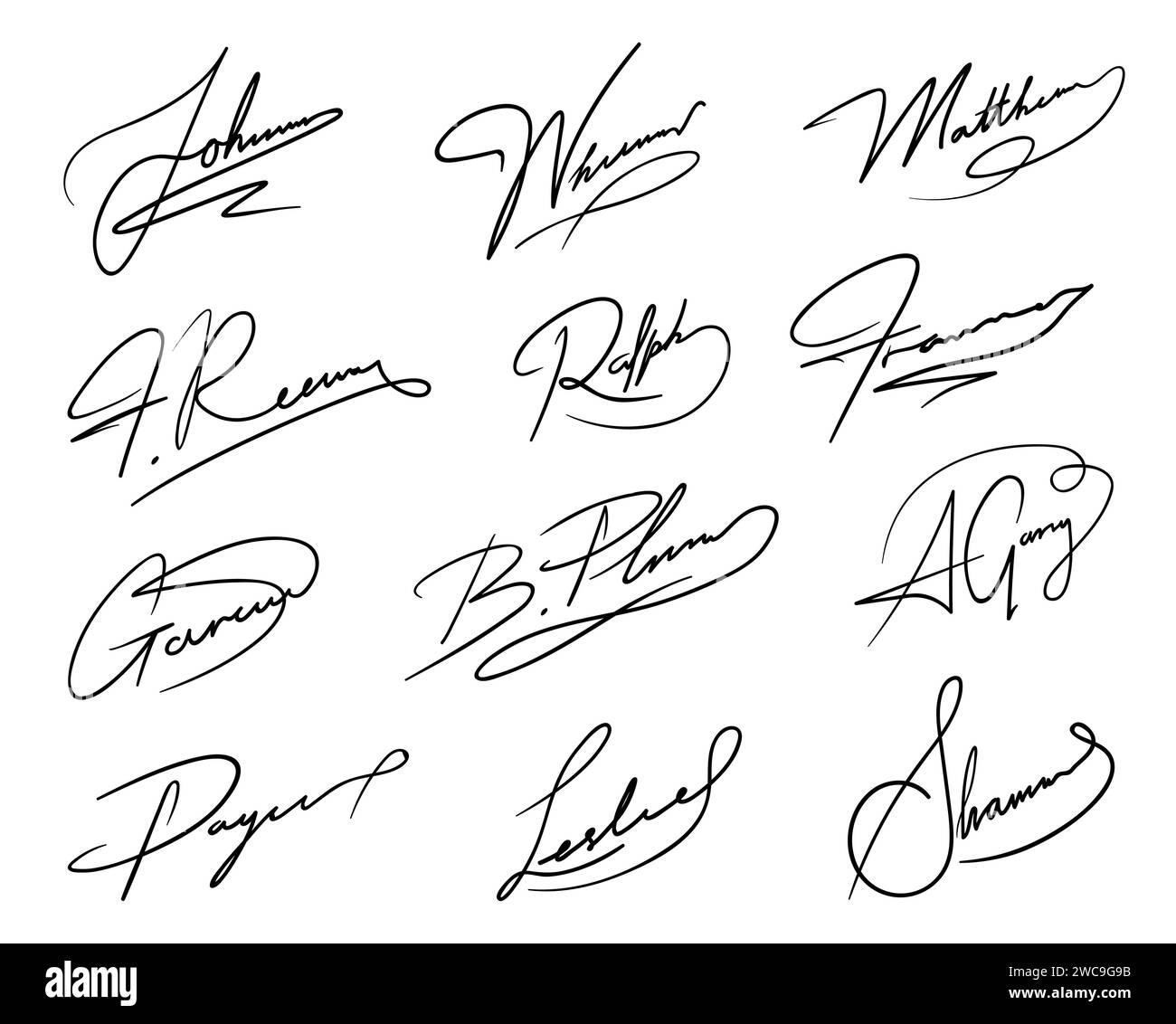 Autograph or business signatures pack set of pen handwritten names, isolated vector. Document signatures or handwriting personal name letters and surname for facsimile or business letter signature Stock Vector