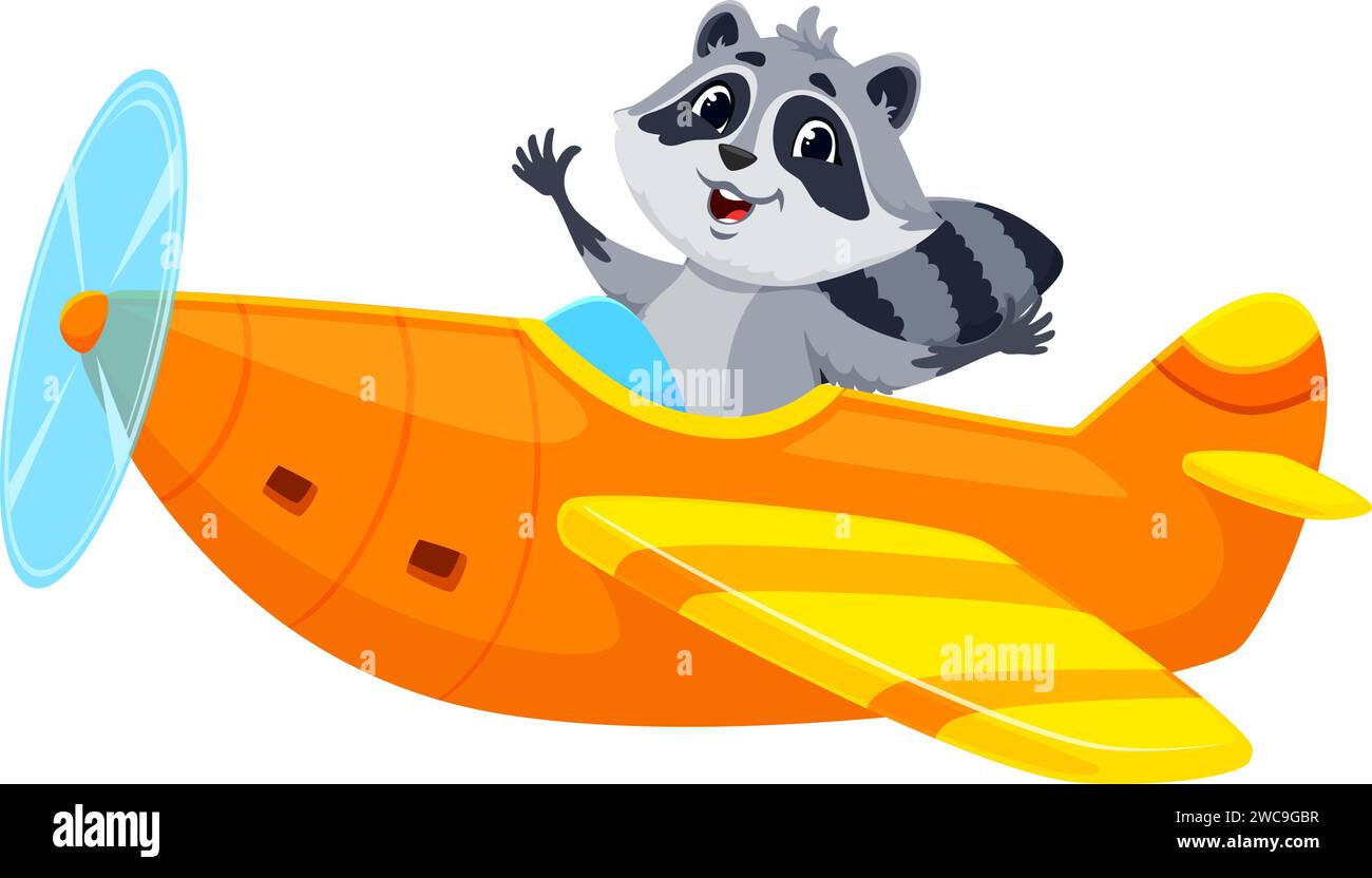 Cartoon raccoon pilot on airplane, funny animal aviator in toy plane ...