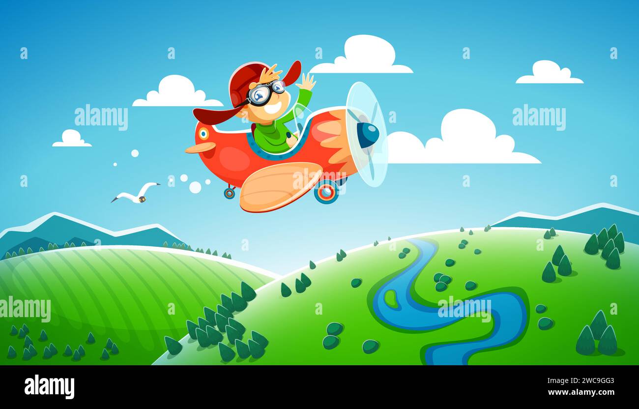 Cartoon kid pilot flying on plane. Child on airplane at cloudy sky. Vector cute boy character with vintage aviator cap and goggles flying on retro aeroplane and waving hand, dream flight or air travel Stock Vector