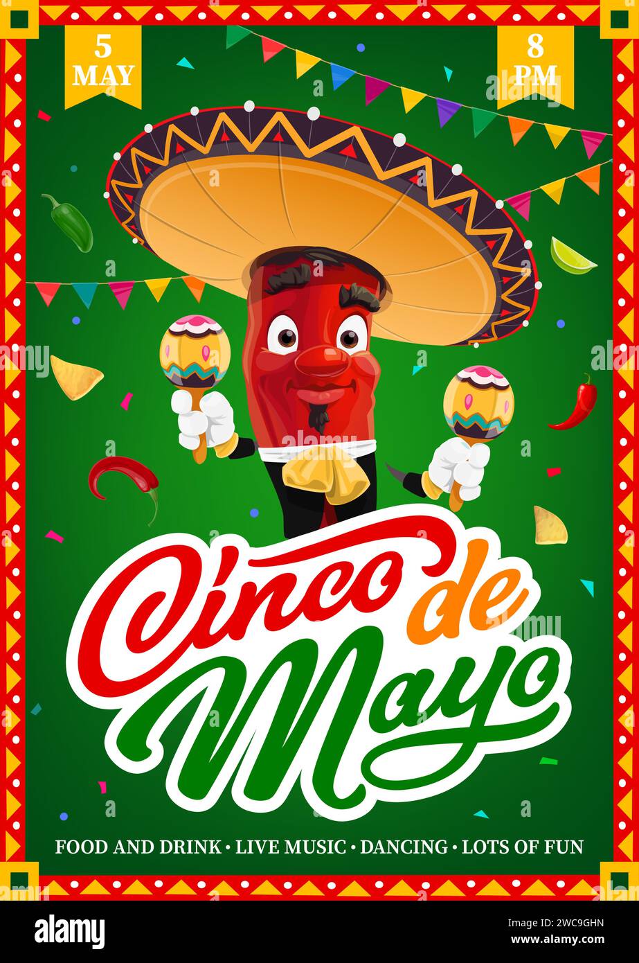 Mexican Cinco de Mayo holiday party flyer with chili pepper character ...