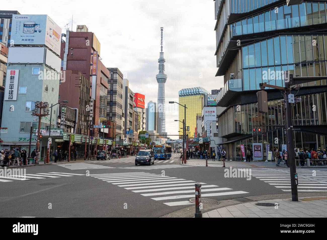 Tokyo, Japan, January 2024. view of the Tokyo skytree tower on the background of a downtown street Stock Photo