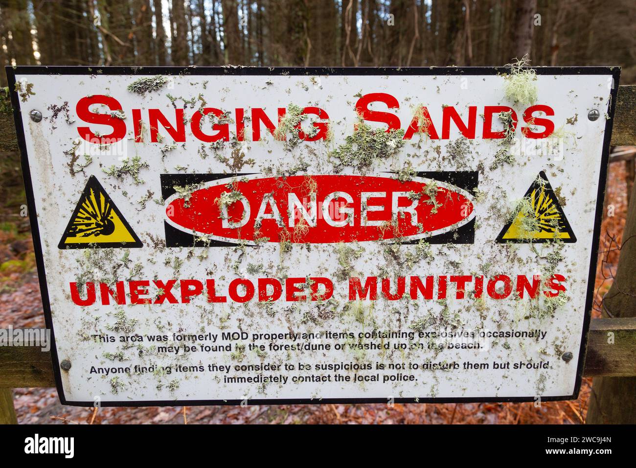 The beach and surrounding area at singing sands was used for commando training during the Second World War and may contain unexploded munitions Stock Photo