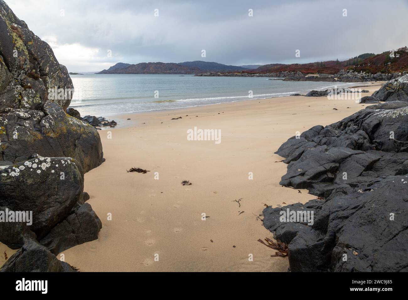 The Singing Sands, or Camas an Lighe is a lovely sandy bay near Gortenfern in the north east of the Ardnamurchan peninsula Stock Photo