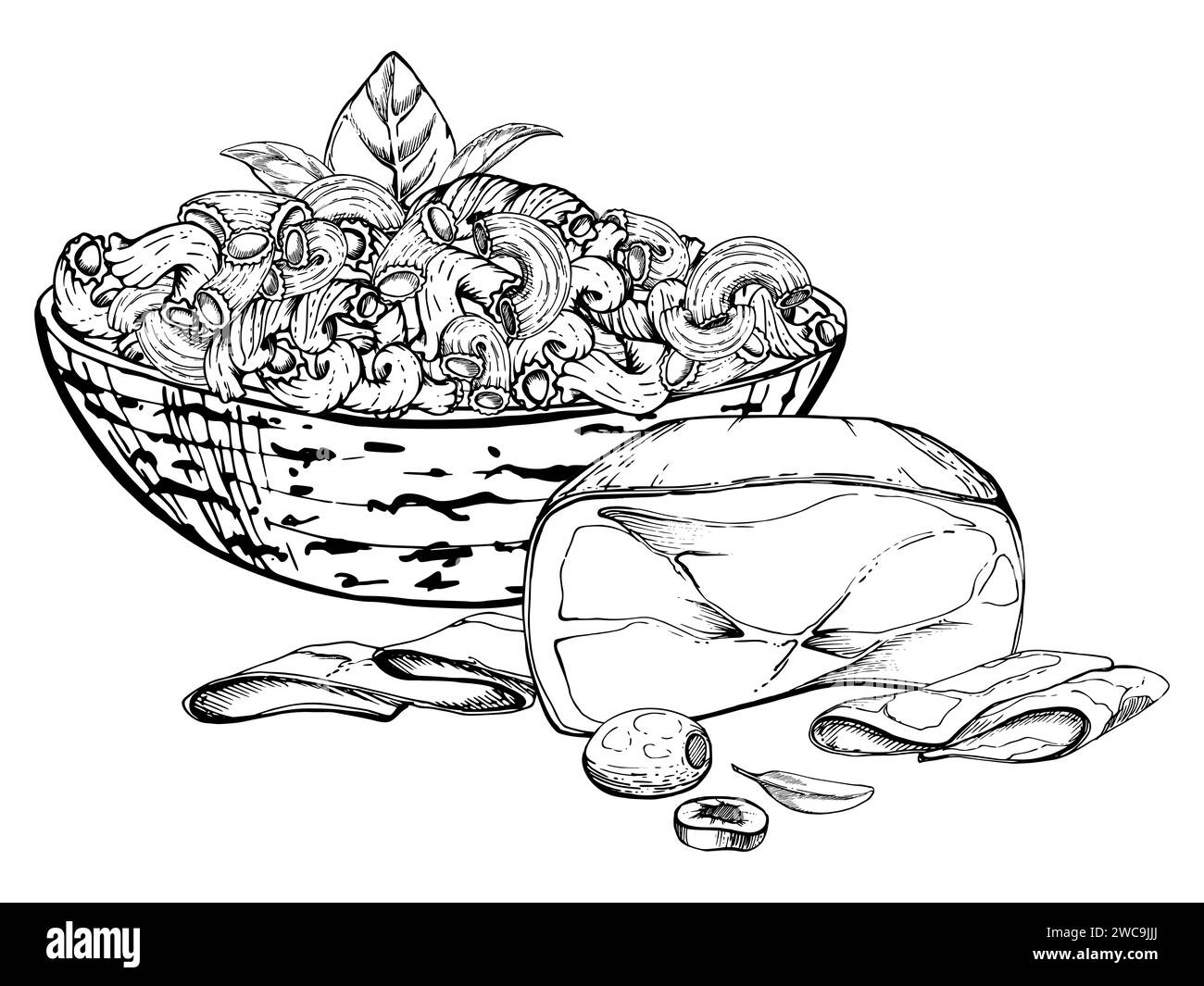 Hand drawn vector ink illustration. Pasta Italian cuisine dish, elbows