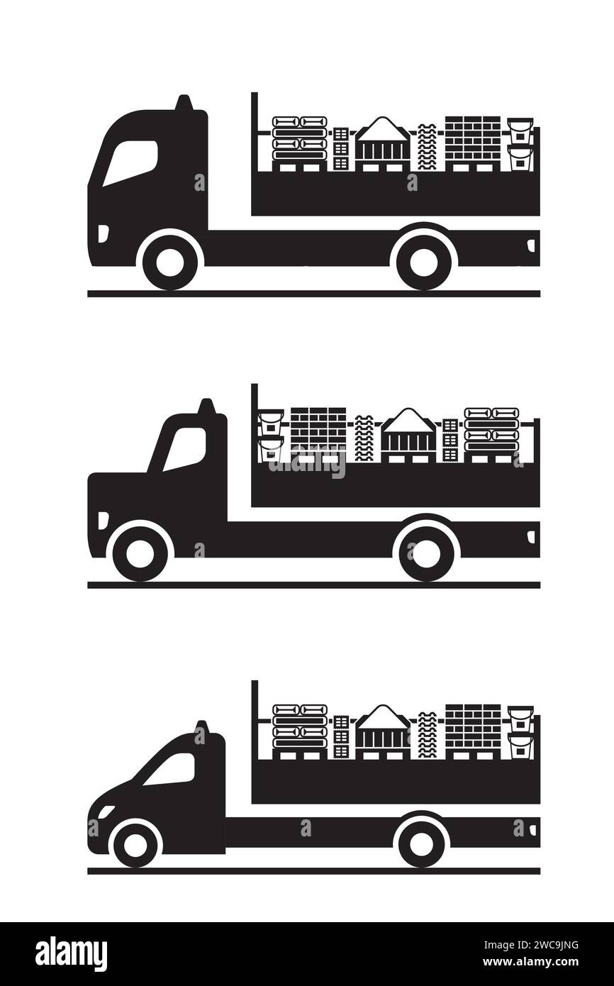 Trucks and pickup with construction materials - vector illustration ...