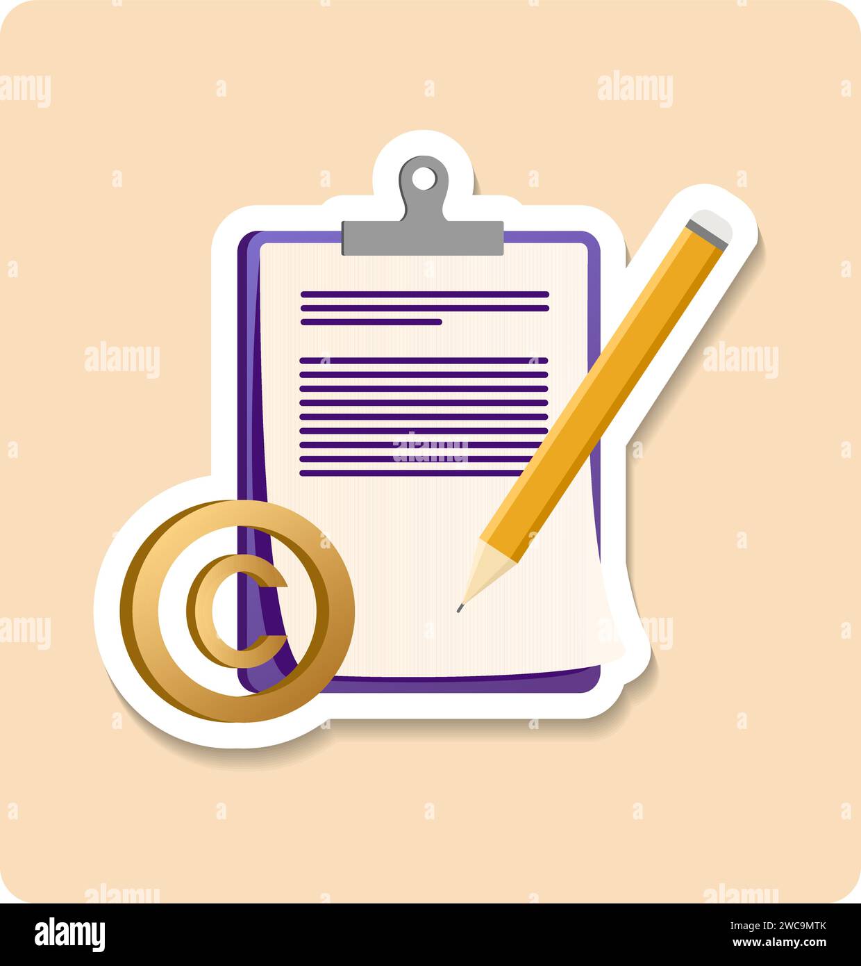 Copyright sticker illustration. Paper, page, text, pencil, plant