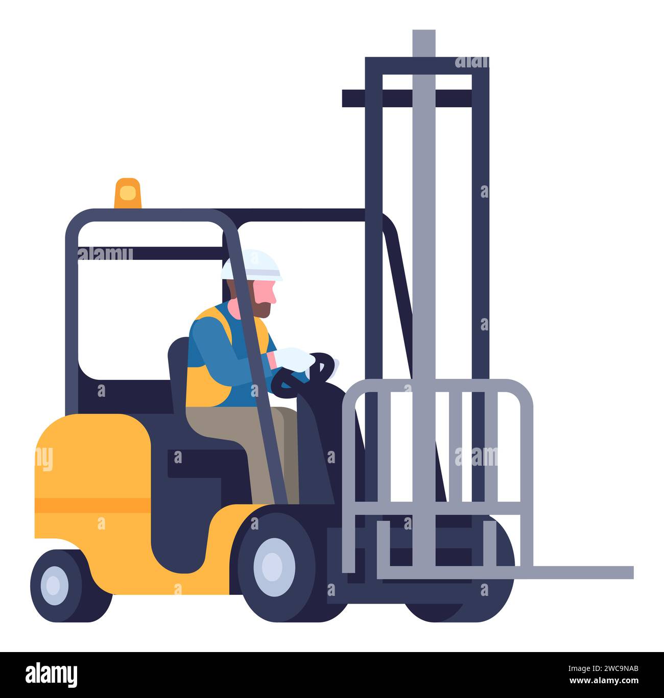 Cargo logistics. Freight lifting. Warehouse forklift. Boxes loading car. Workman driving vehicle. Driver at loader. Storehouse distribution machine Stock Vector