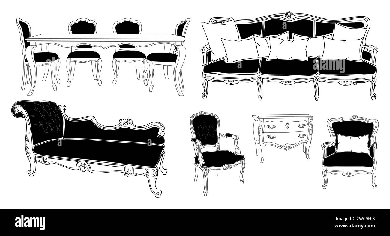Set of elegant antique furniture line art vector Stock Vector Image