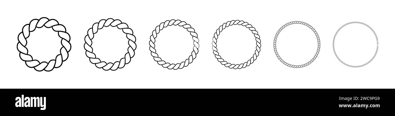 Round frames made of rope. Circle borders made of braided cord. Vector set of thin and thick elements isolated on a white background. Stock Vector