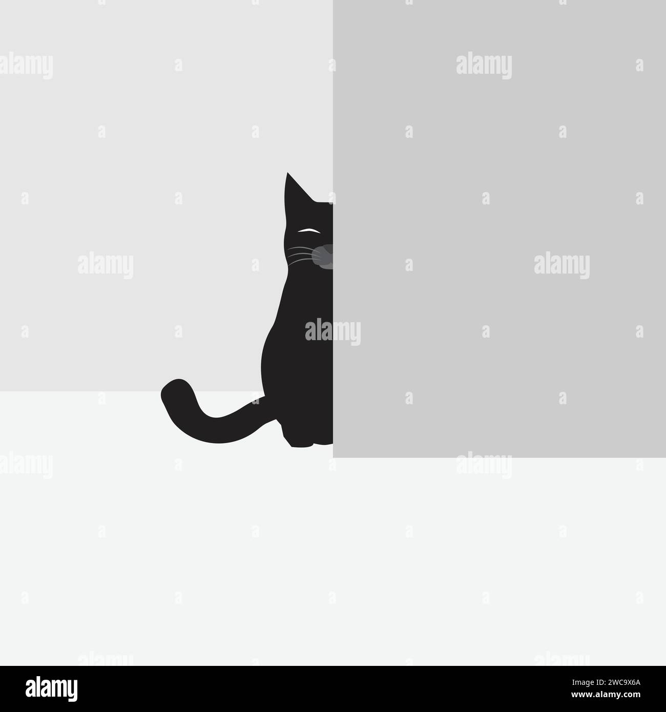 Black cat sitting behind the wall Stock Vector
