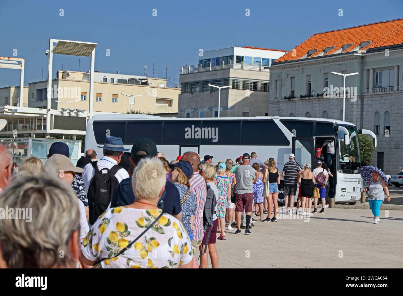 Queue of passengers waiting to board coaches back to cruise ship, Zadar, Croatia Stock Photo