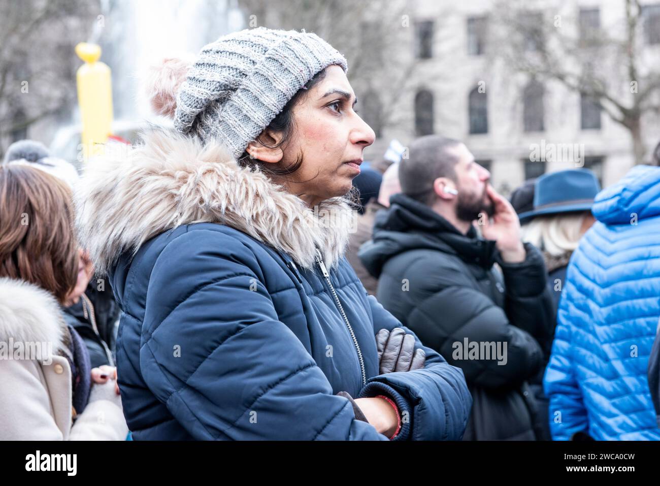 Tafalgar Square London 14 January 2024. An emotional looking Suella Braverman MP joins the Stand with Israel Solidarity Rally. She was seen comforting family and friends of hostages taken by Hamas on 7 October. Credit: Rena Pearl/Alamy Live News Stock Photo