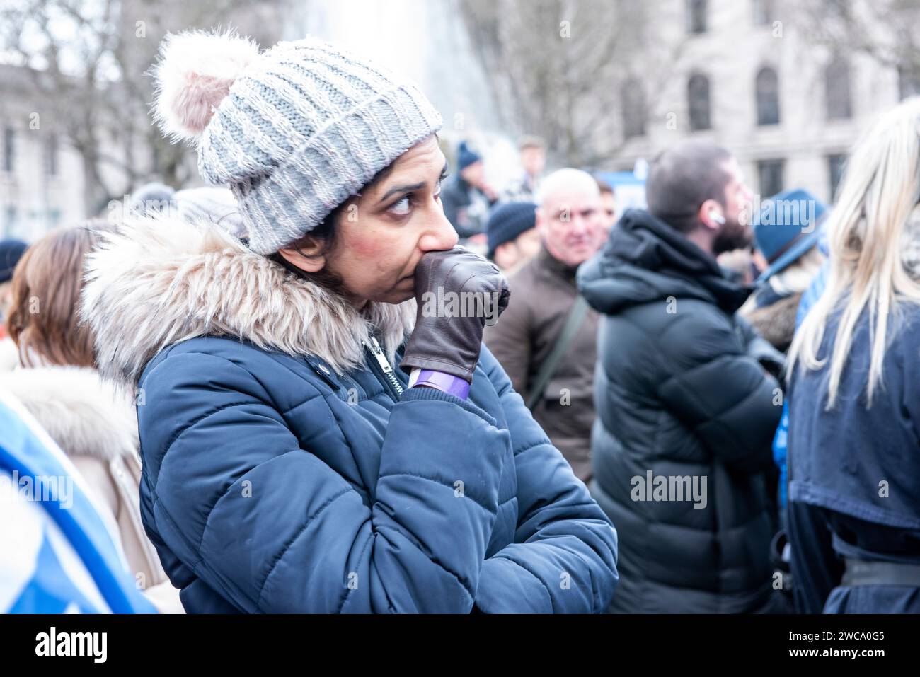Tafalgar Square London 14 January 2024. An emotional looking Suella Braverman MP joins the Stand with Israel Solidarity Rally. She was seen comforting family and friends of hostages taken by Hamas on 7 October. Credit: Rena Pearl/Alamy Live News Stock Photo