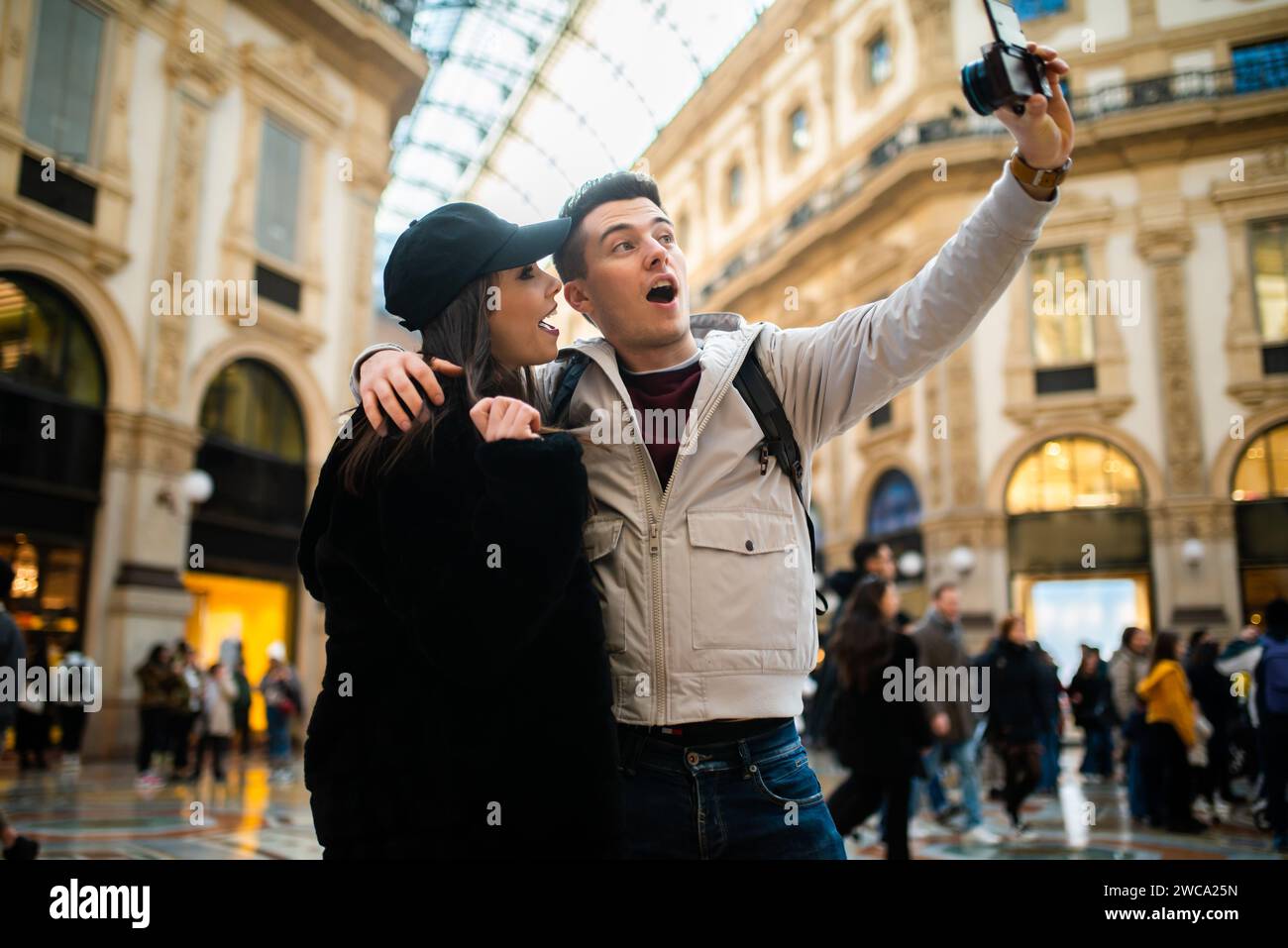 Couple of turists taking a selfie in the city Stock Photo