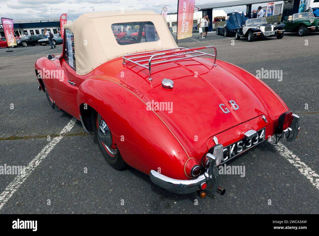 Threequarter rear view of a Red, 1952, Mk1, Jowett Javelin Jupiter, on