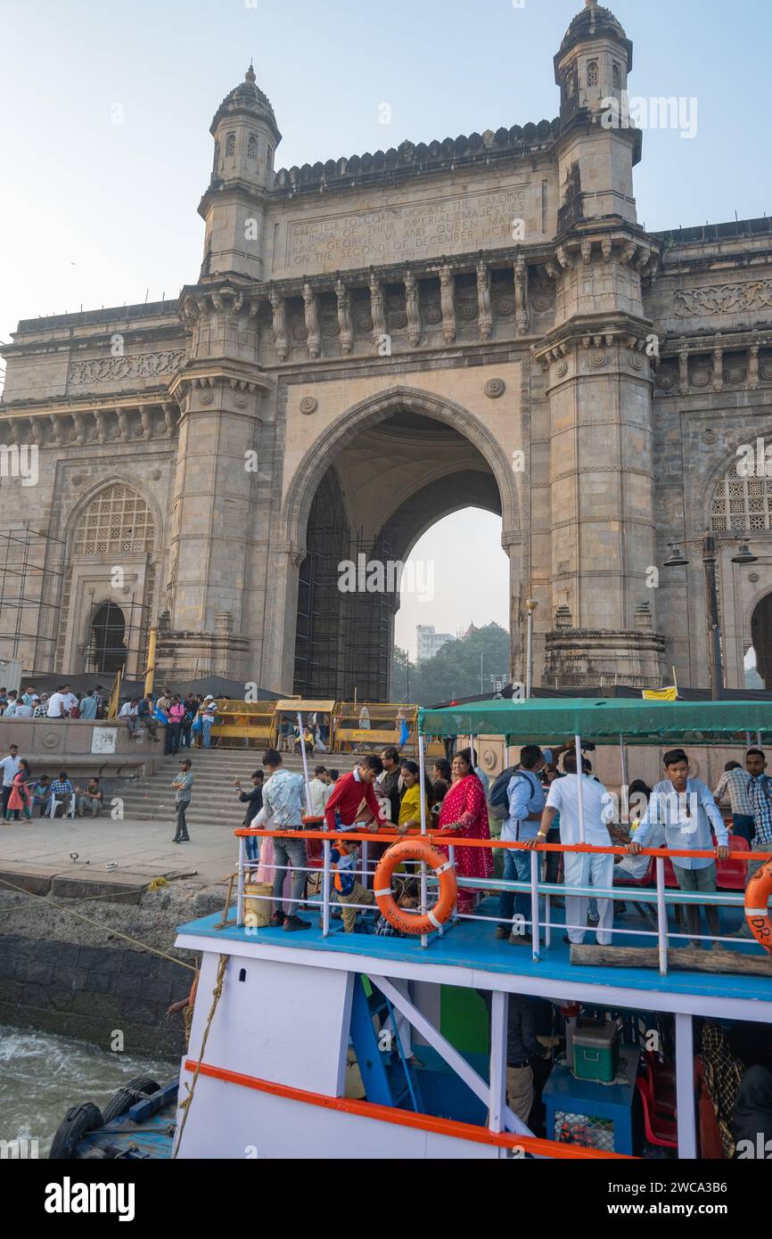 Mumbai, Maharashtra, India, Gateway of Indian with passengers on a ferry, Editorial only. Stock Photo