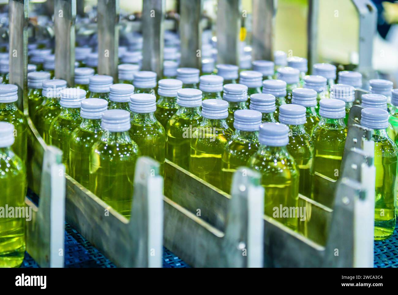 Transfer of glass bottles on automatic conveyor systems Industrial automation for packaging Stock Photo