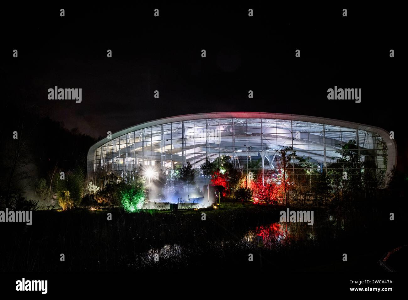 The illuminated aquatic dome decorated for Christmas at Woburn Centre