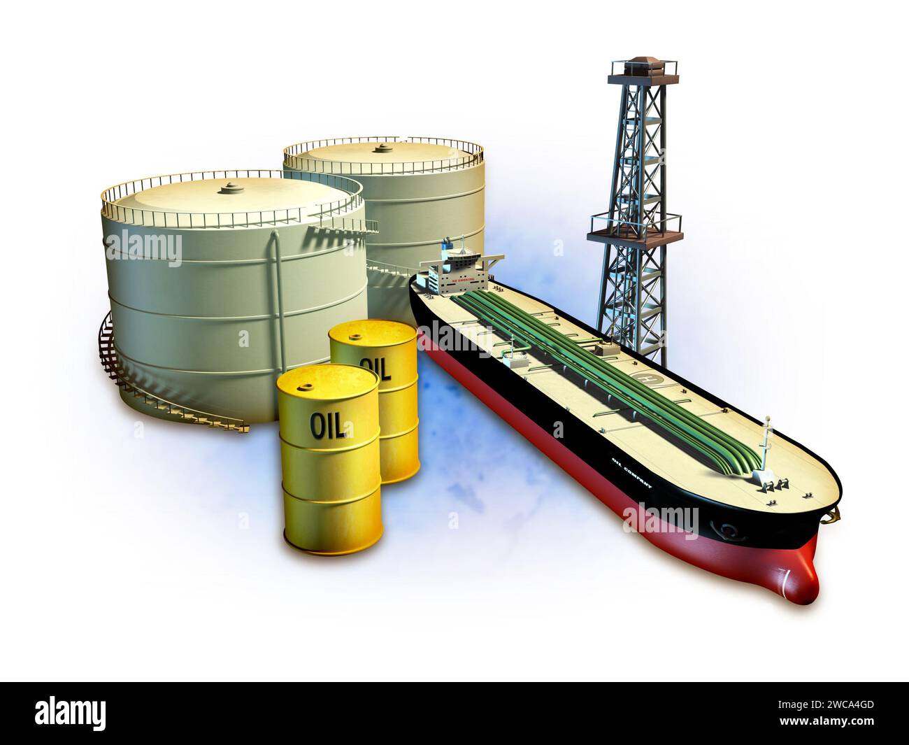 Oil themed composition showing an oil tanker, derrick, some barrels and storage tanks. Digital illustration, including a clipping path to separate obj Stock Photo