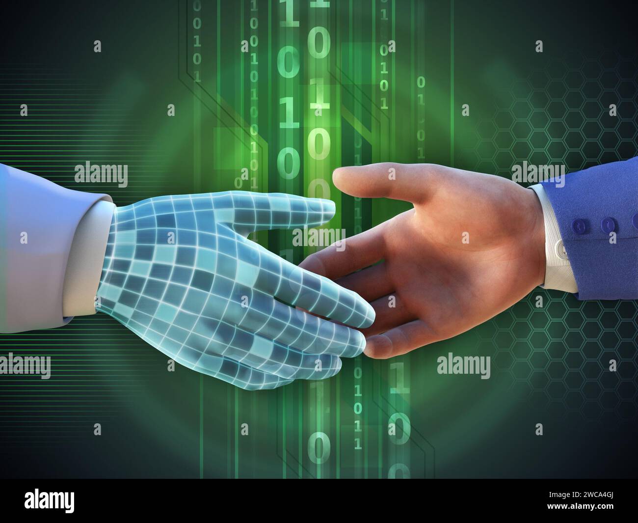 Virtual handshake between two businessmen. Digital illustration. Stock Photo