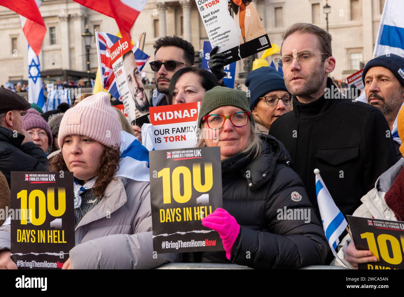 Trafalgar Square London, 14 January 2024. 25000 People stood in Solidarity with Israel after 100 days of the attack by Hamas on 7 October, and support for the remaining hostages taken. Credit: Rena Pearl/Alamy Live News Stock Photo