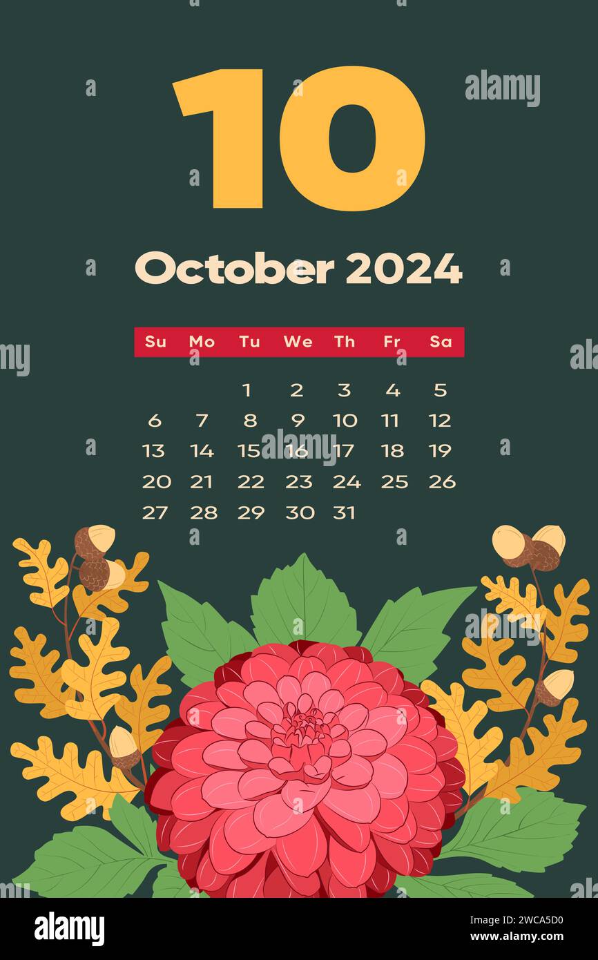 Floral October 2024 calendar template. With bright colorful flowers and