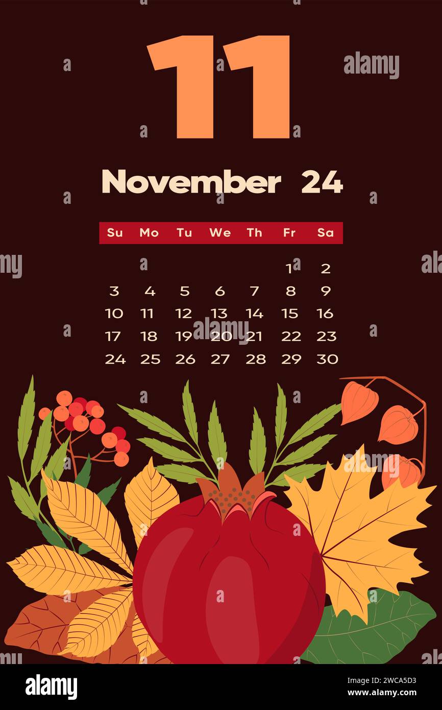 Floral November 2024 calendar template. With bright colorful flowers