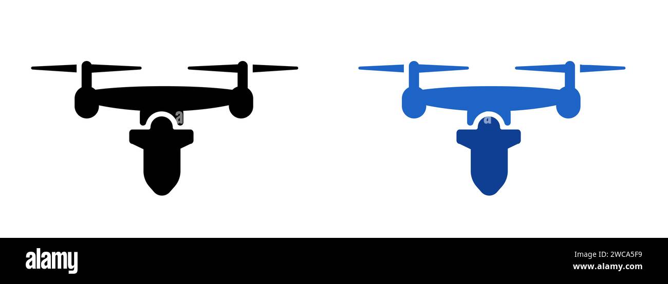 Kamikaze drone icon bring bomb flying weapon set black and blue color unmanned aerial vehicle Stock Vector