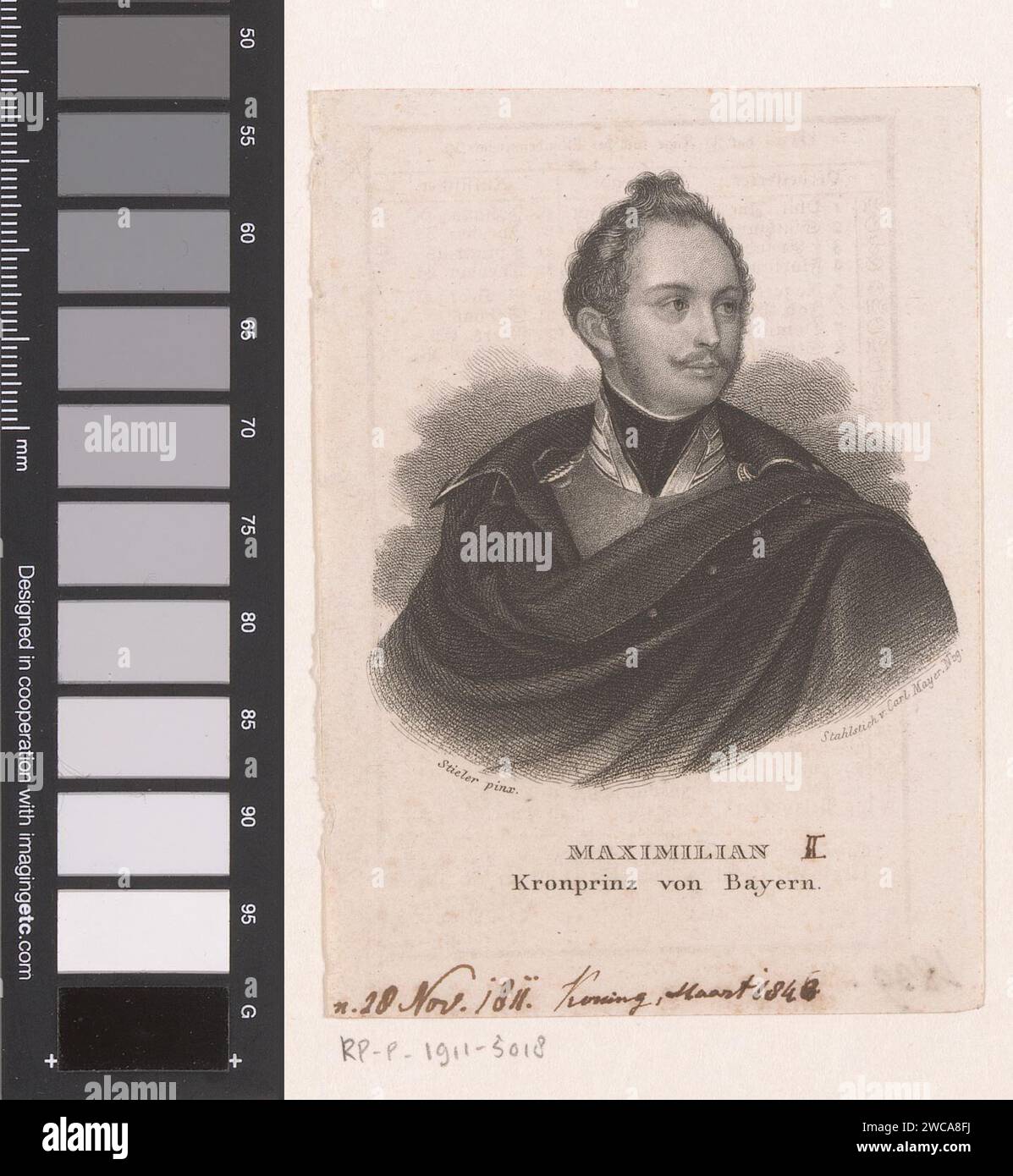 Portrait of Maximilian II van Bavaria as crown prince, Carl Mayer, after Joseph Karl Stieler, c. 1830 - 1848 print  Nuremberg paper steel engraving historical persons Stock Photo
