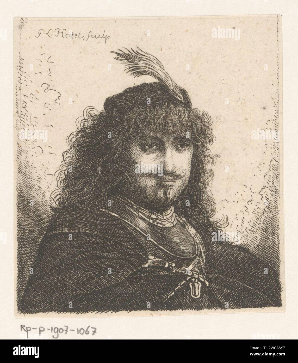 Man with feathered beret, Georg Leopold Hertel, after Rembrandt van Rijn, 1750 - 1778 print   paper etching Stock Photo