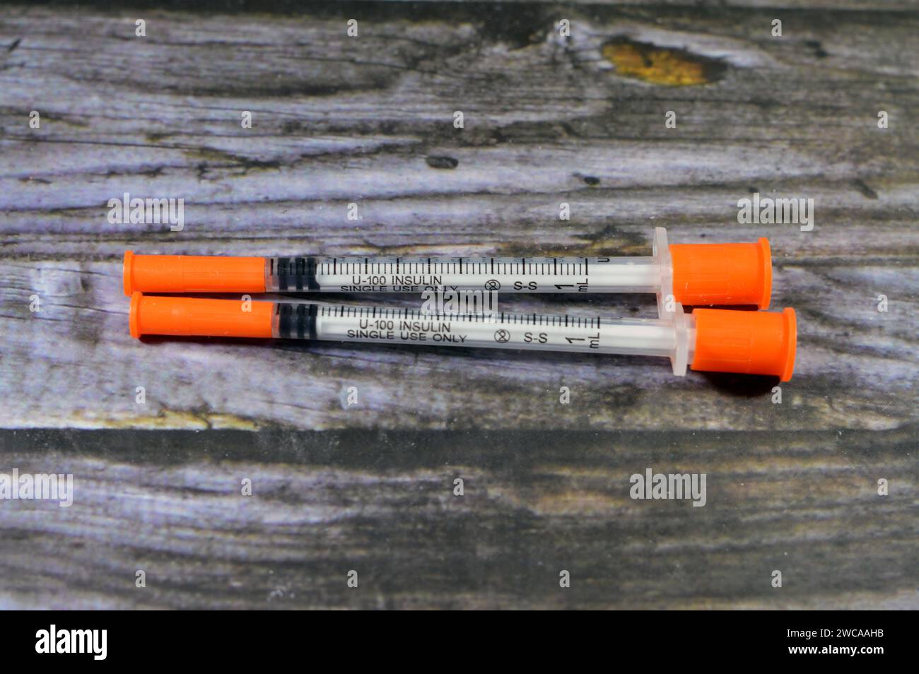 an insulin needle syringe, used to administer the Insulin dose to type 1 Diabetes mellitus ( insulin dependent) and some cases of type 2 (non insulin Stock Photo
