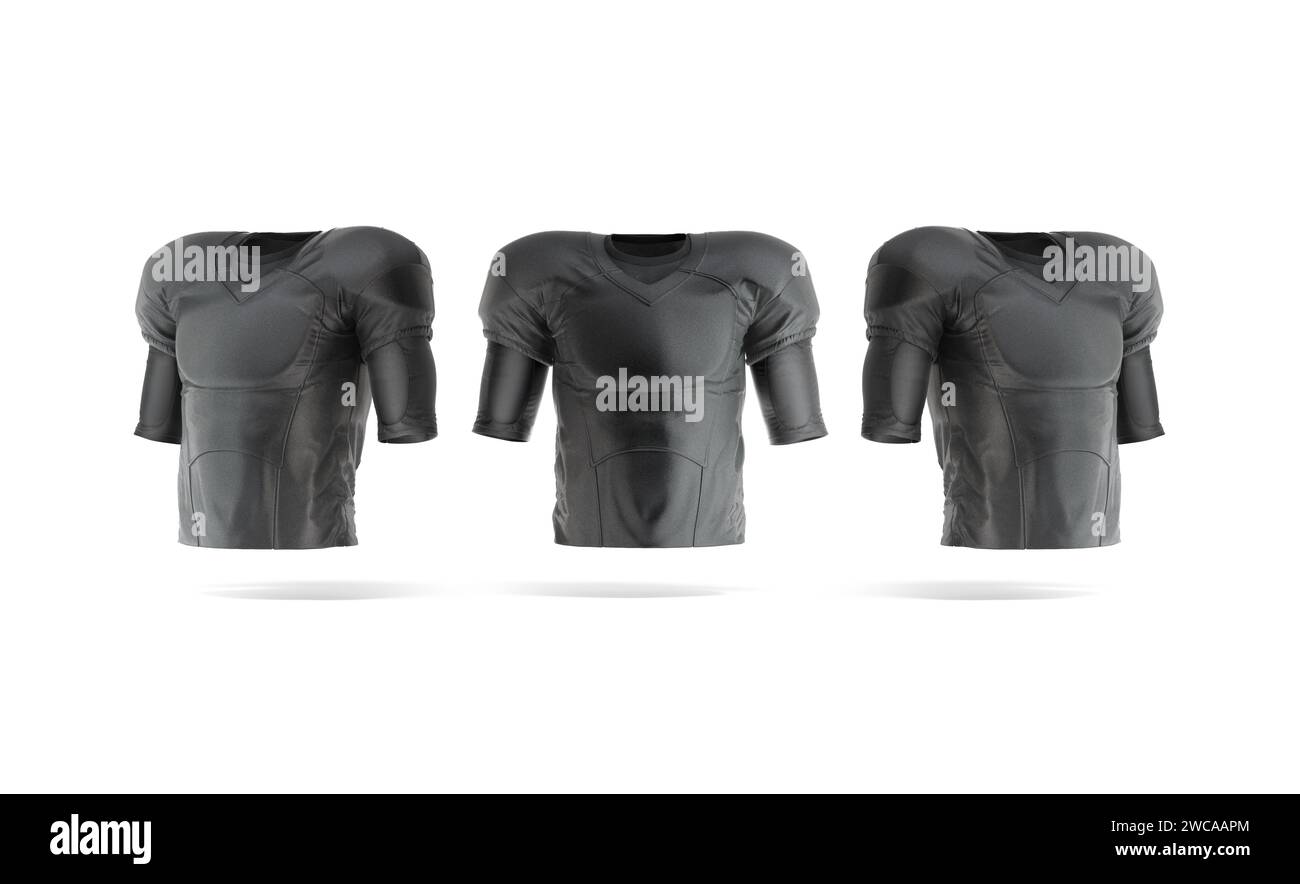 Blank black american football jersey mockup, front and side view, 3d rendering. Empty protective tshirt for university soccer team mock up, isolated. Stock Photo