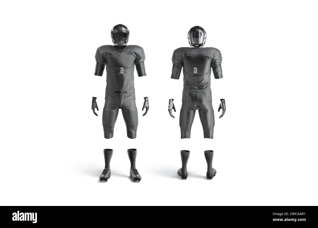 Blank black american football uniform mockup, front and back view, 3d rendering. Empty protection equipment for footballer mock up, isolated. Clear ru Stock Photo