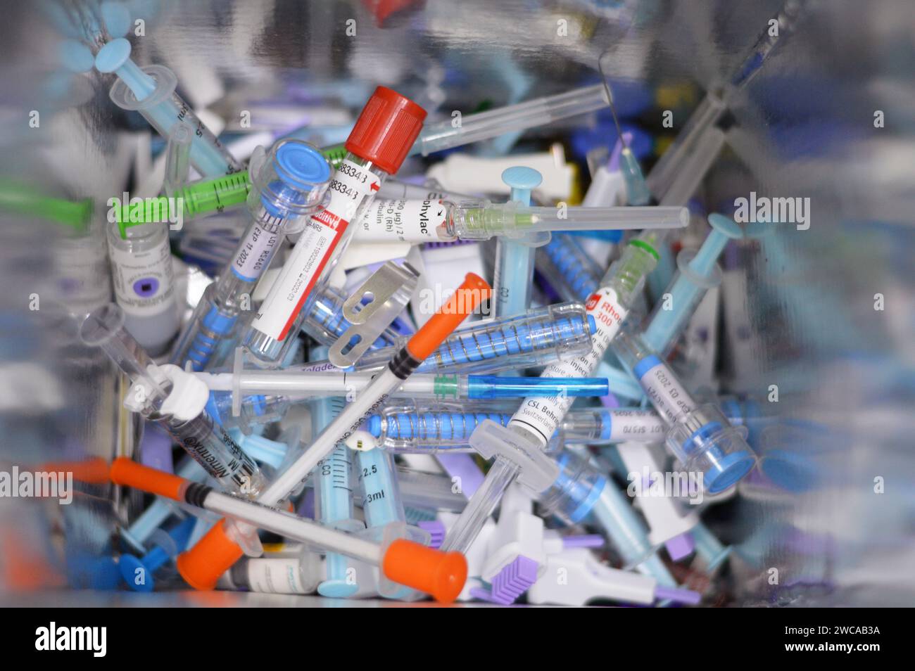 Cairo, Egypt, January 11 2024 medical waste of sharp needles, syringes
