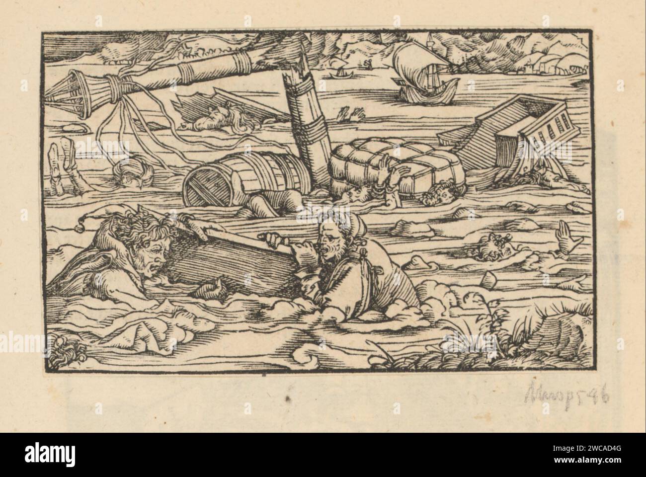 Drowning people of a shipwreck, Anonymous, Hans Weiditz (II), 1514 - 1531 print In the sea, men, a woman, a nar and a horse float. Print is part of an album.  paper letterpress printing shipwreck Stock Photo