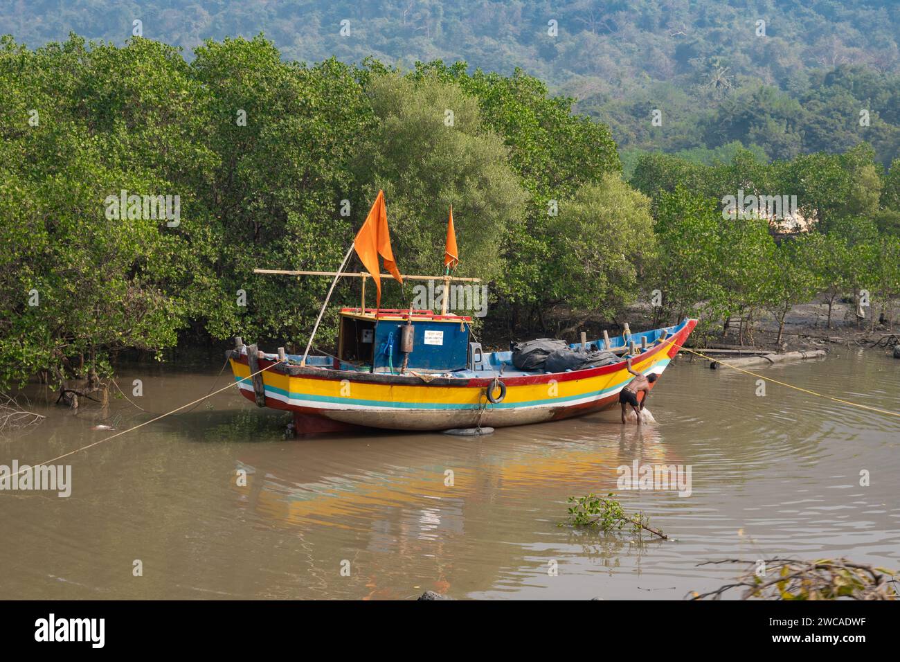 Mumbai, Maharashtra, India, A landscape of Elephanta Island with colorful boats, Stock Photo