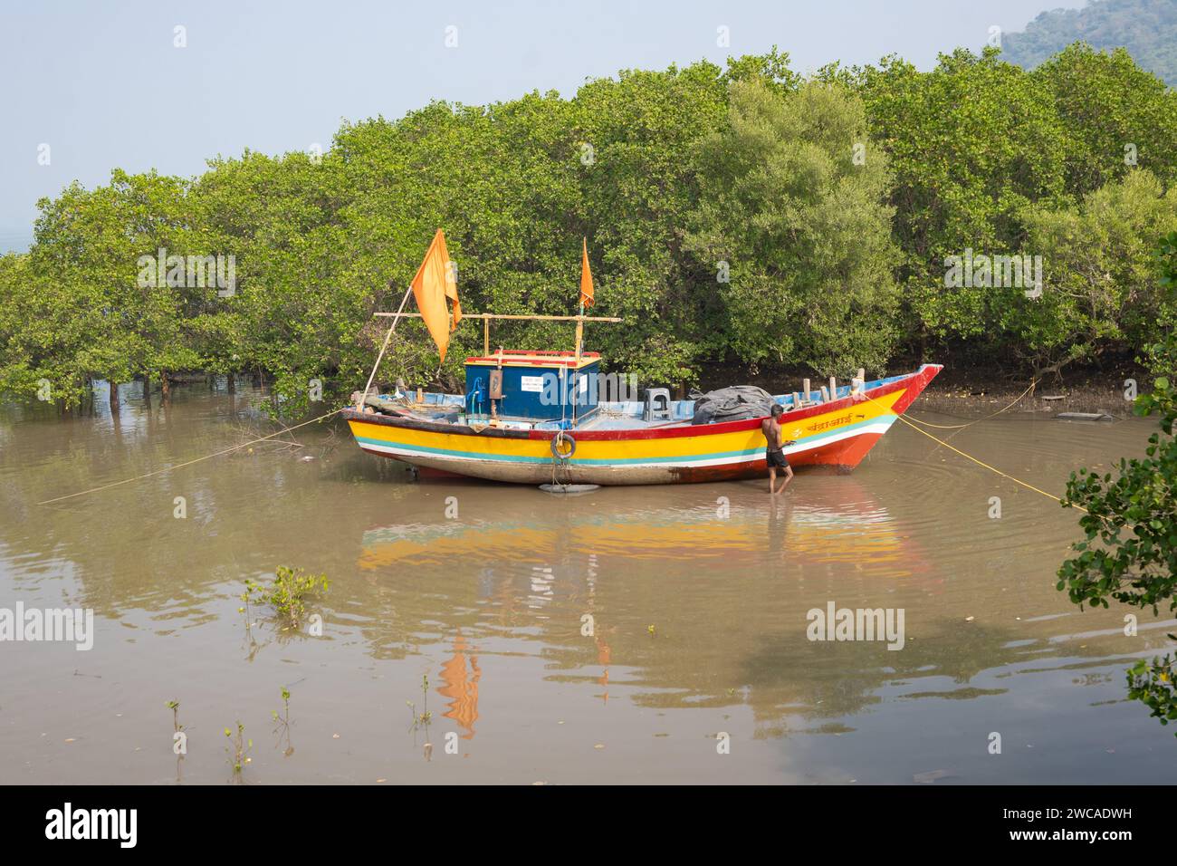Mumbai, Maharashtra, India, A landscape of Elephanta Island with colorful boats, Stock Photo