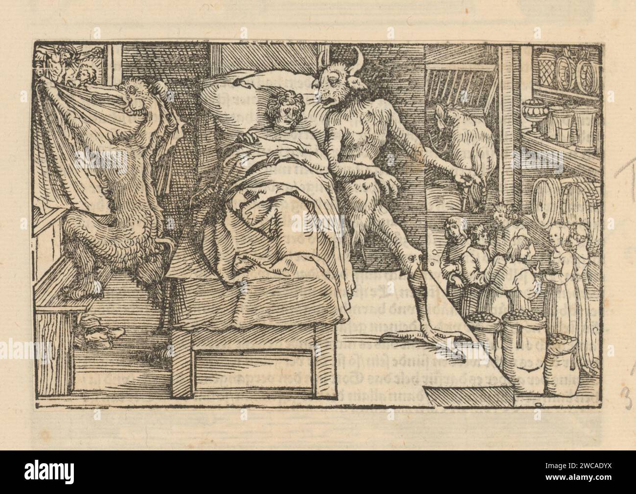 Demons in a deathbed point to the inheritance, Anonymous, Hans Weiditz (II), 1514 - 1532 print Print is part of an album.  paper letterpress printing death struggle, inquiet death; fear of death. devil(s) appearing to mortals, trying to seduce them; temptation. inheritance. orphans Stock Photo