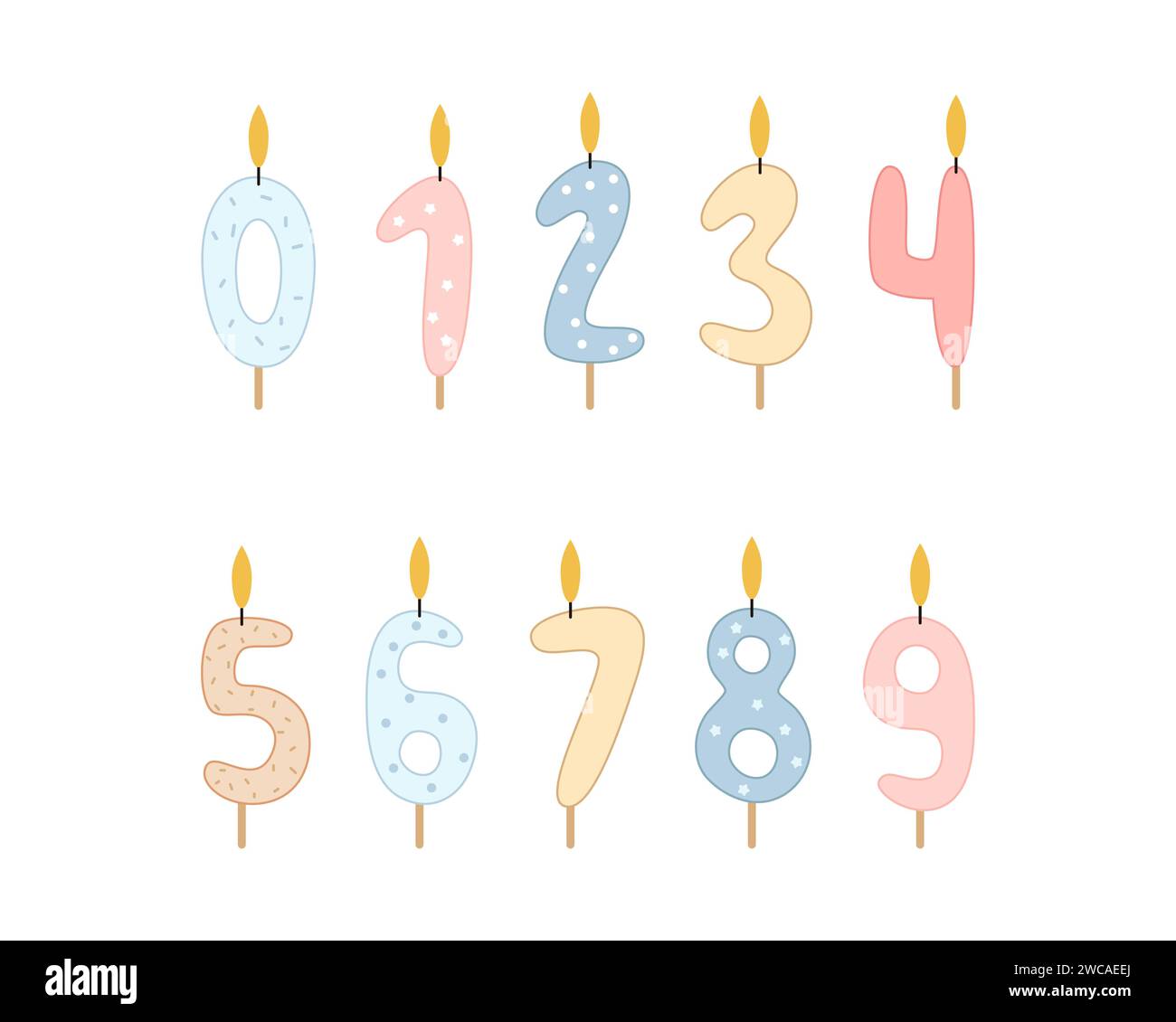 A set of candles in the form of numbers from 0 to 9 for decorating birthday cakes and cupcakes. Vector illustration on a white background. Stock Vector