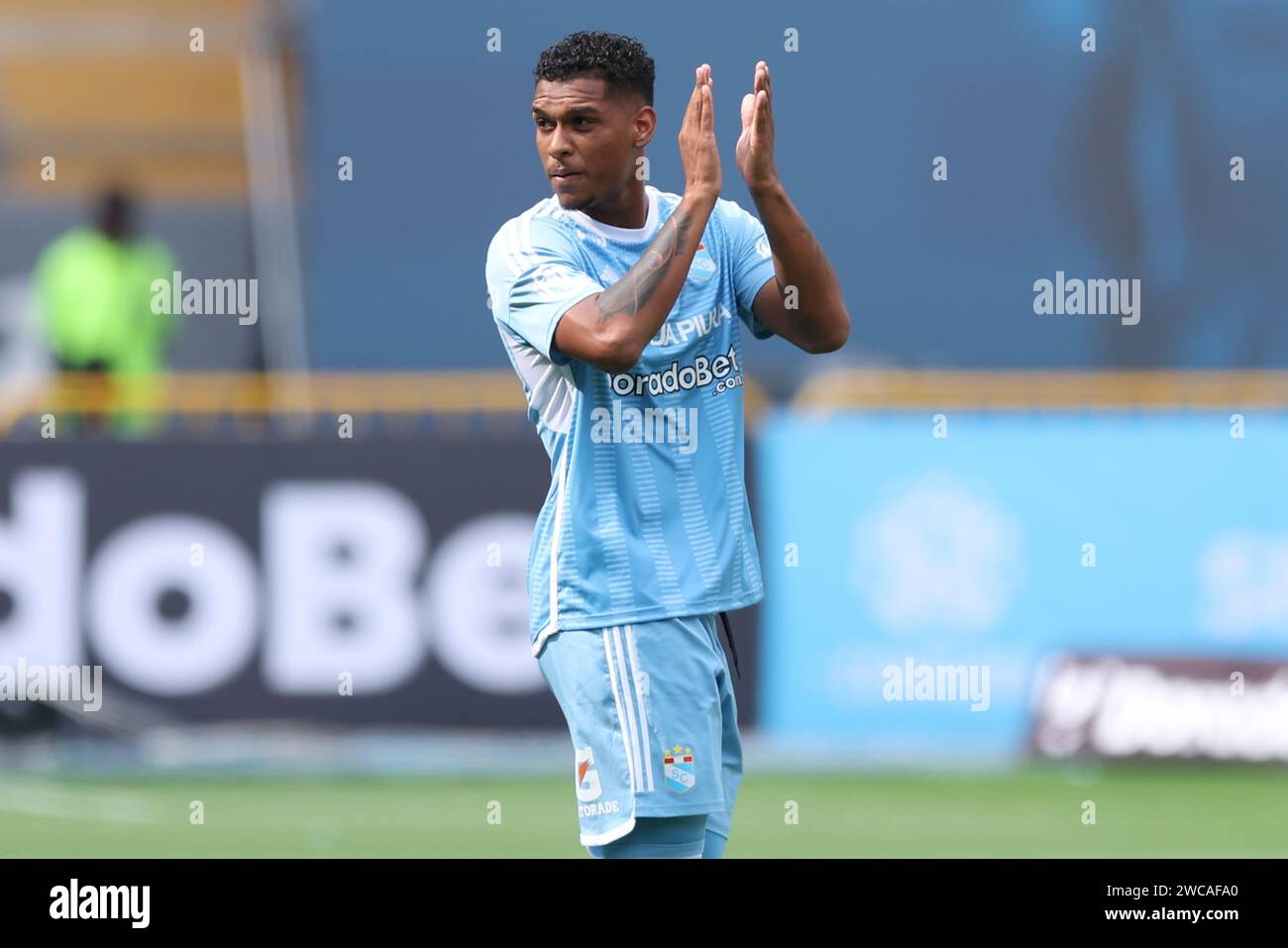 Lima, Peru. 14th Jan, 2024. Quembol Guadalupe of Sporting Cristal during the friendly match between Sporting Cristal and Universidad Catolica de Chile played at Nacional Stadium on January 14, 2024 in Lima, Peru. (Photo by Miguel Marrufo/PRESSINPHOTO) Credit: PRESSINPHOTO SPORTS AGENCY/Alamy Live News Stock Photo