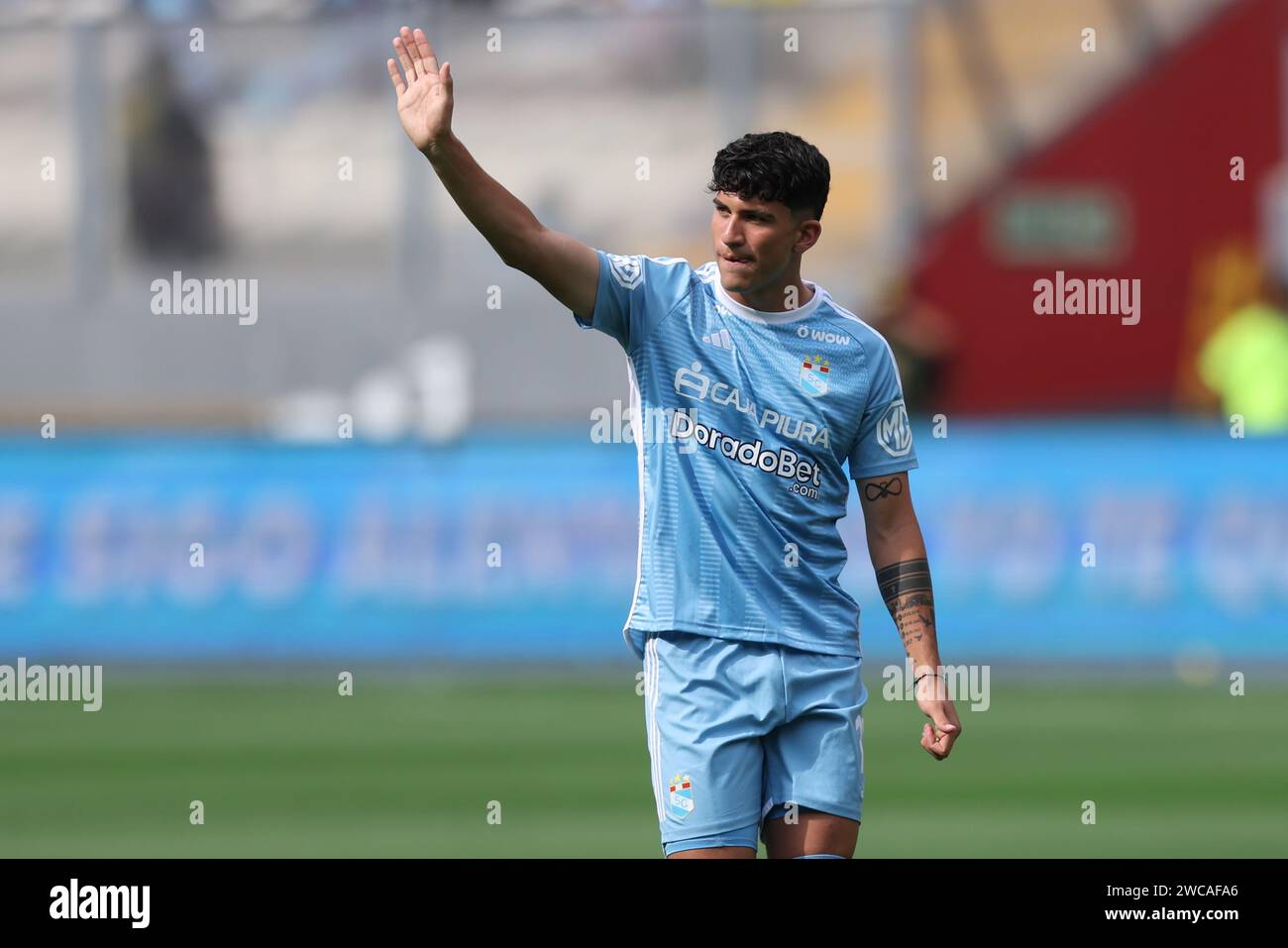 Lima, Peru. 14th Jan, 2024. Diego Otoya of Sporting Cristal during the friendly match between Sporting Cristal and Universidad Catolica de Chile played at Nacional Stadium on January 14, 2024 in Lima, Peru. (Photo by Miguel Marrufo/PRESSINPHOTO) Credit: PRESSINPHOTO SPORTS AGENCY/Alamy Live News Stock Photo