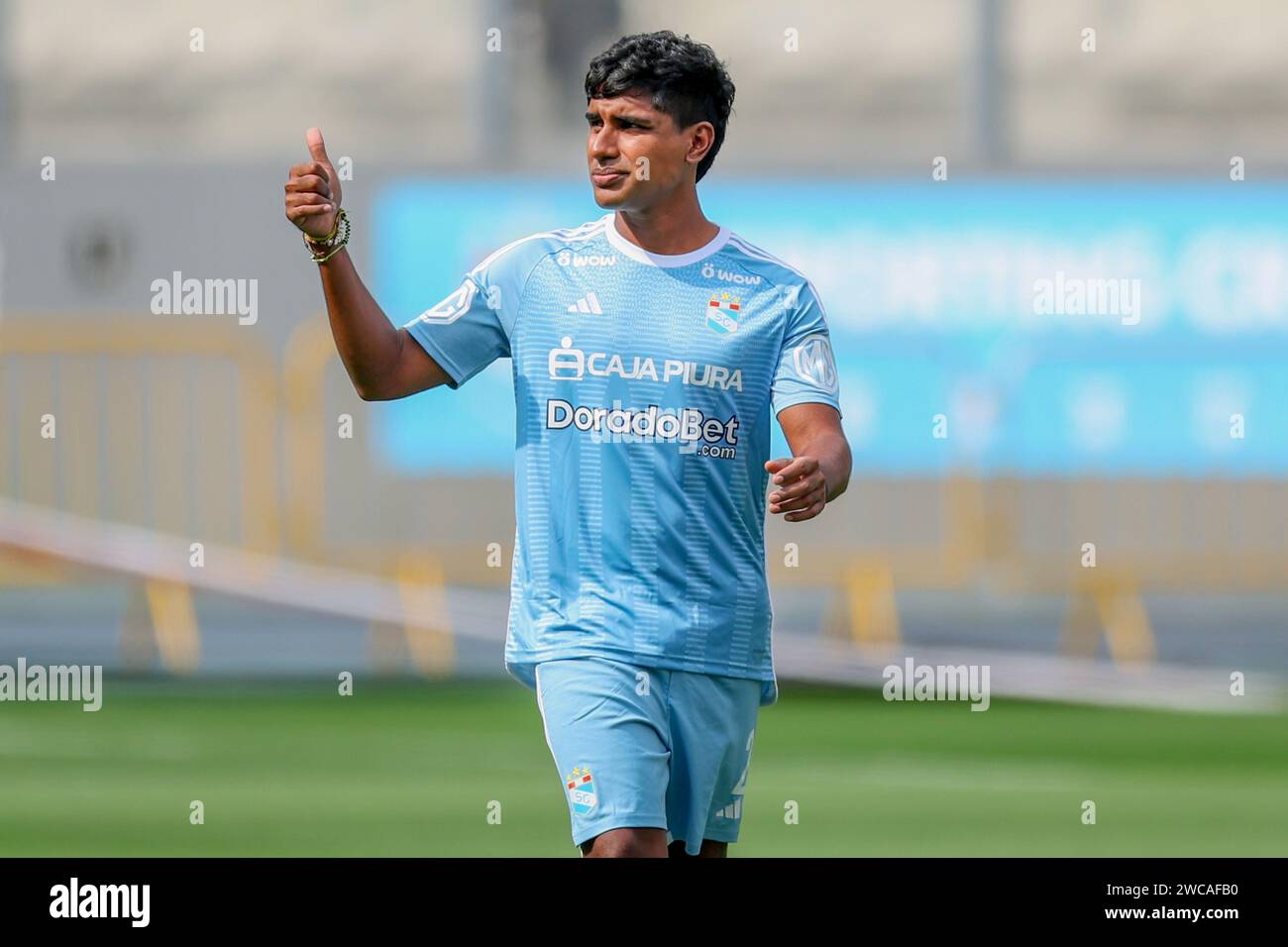 Lima, Peru. 14th Jan, 2024. Benjamin Villalta of Sporting Cristal during the friendly match between Sporting Cristal and Universidad Catolica de Chile played at Nacional Stadium on January 14, 2024 in Lima, Peru. (Photo by Miguel Marrufo/PRESSINPHOTO) Credit: PRESSINPHOTO SPORTS AGENCY/Alamy Live News Stock Photo
